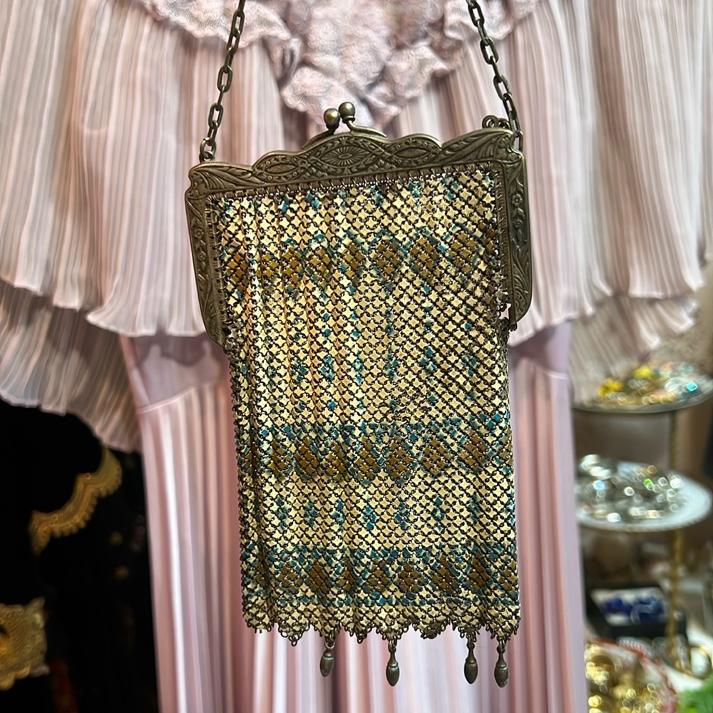 1920s Mandalian antique mesh metal creme, gold and blue purse